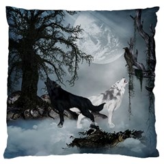 Awesome Black And White Wolf In The Dark Night Standard Flano Cushion Case (Two Sides) from Back